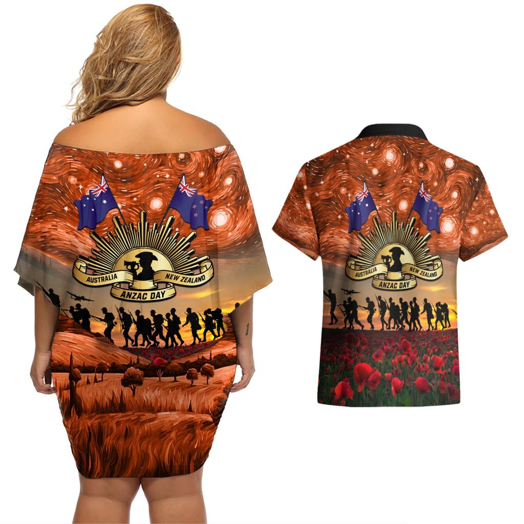 The Rising Sun Badge ANZAC Couples Matching Off Shoulder Short Dress and Hawaiian Shirt Last Post Field of Poppy Starry Night Style