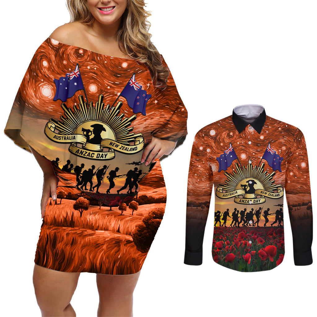 The Rising Sun Badge ANZAC Couples Matching Off Shoulder Short Dress and Long Sleeve Button Shirt Last Post Field of Poppy Starry Night Style