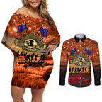 The Rising Sun Badge ANZAC Couples Matching Off Shoulder Short Dress and Long Sleeve Button Shirt Last Post Field of Poppy Starry Night Style