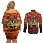 The Rising Sun Badge ANZAC Couples Matching Off Shoulder Short Dress and Long Sleeve Button Shirt Last Post Field of Poppy Starry Night Style