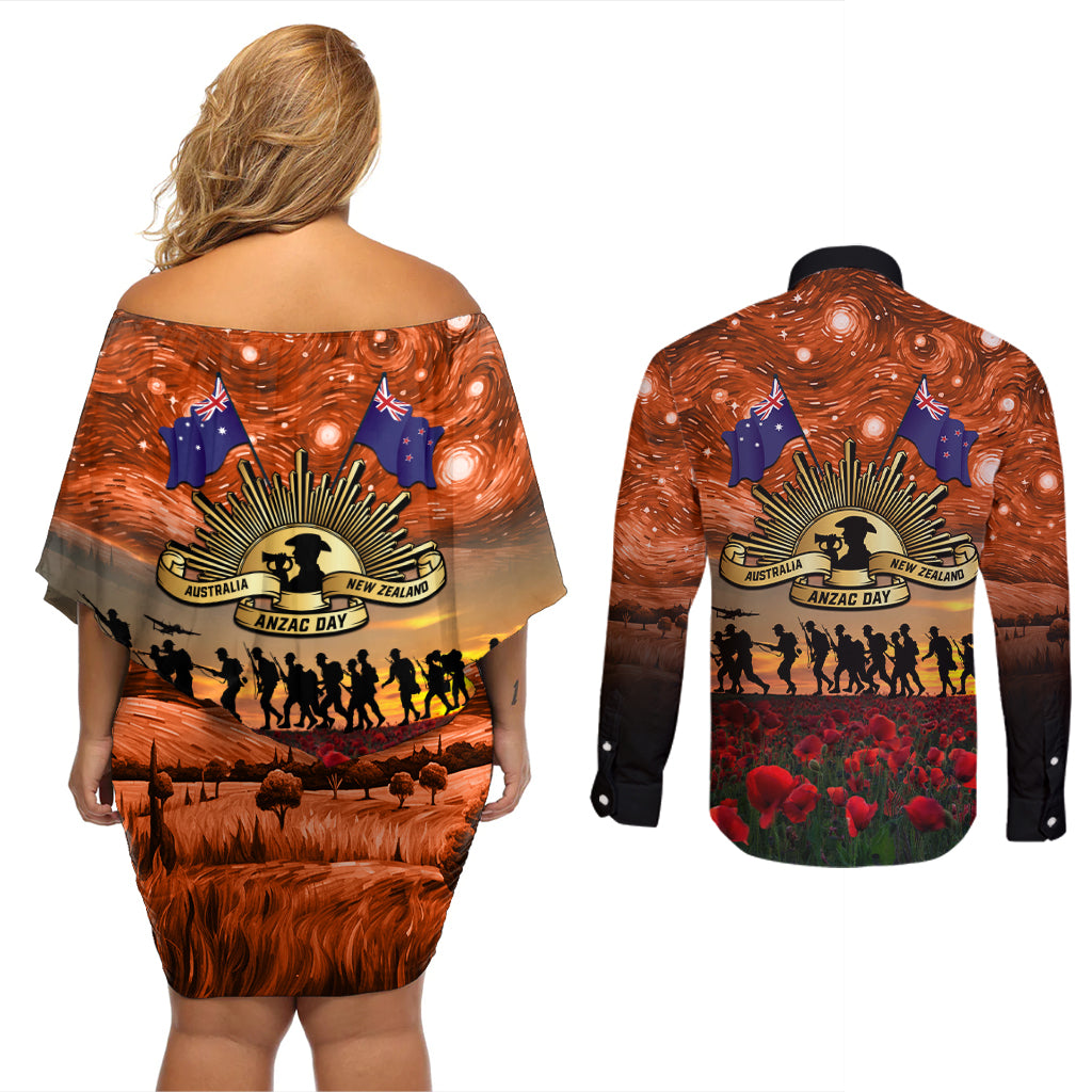 The Rising Sun Badge ANZAC Couples Matching Off Shoulder Short Dress and Long Sleeve Button Shirt Last Post Field of Poppy Starry Night Style