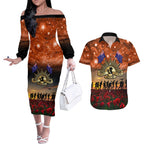 The Rising Sun Badge ANZAC Couples Matching Off The Shoulder Long Sleeve Dress and Hawaiian Shirt Last Post Field of Poppy Starry Night Style