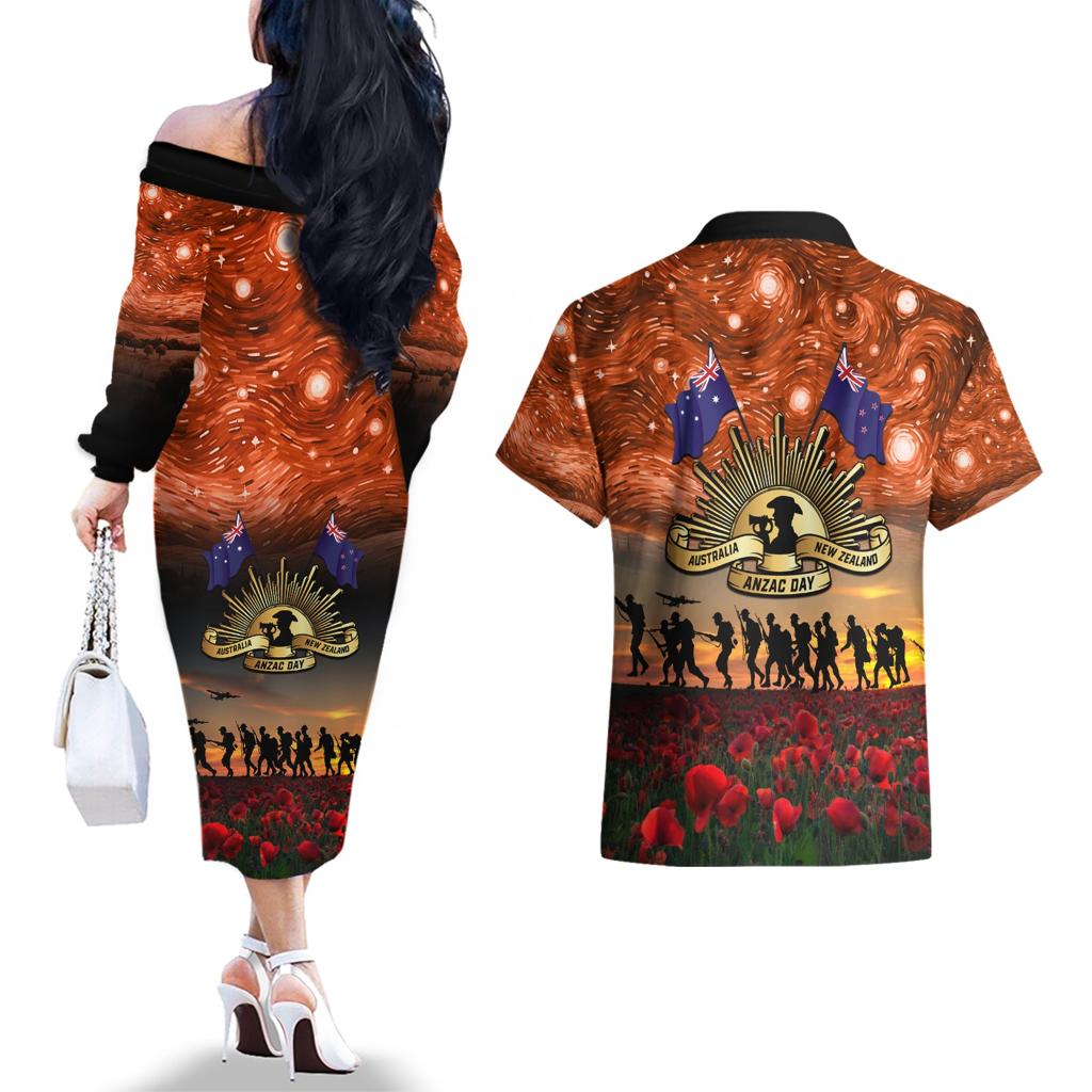 The Rising Sun Badge ANZAC Couples Matching Off The Shoulder Long Sleeve Dress and Hawaiian Shirt Last Post Field of Poppy Starry Night Style
