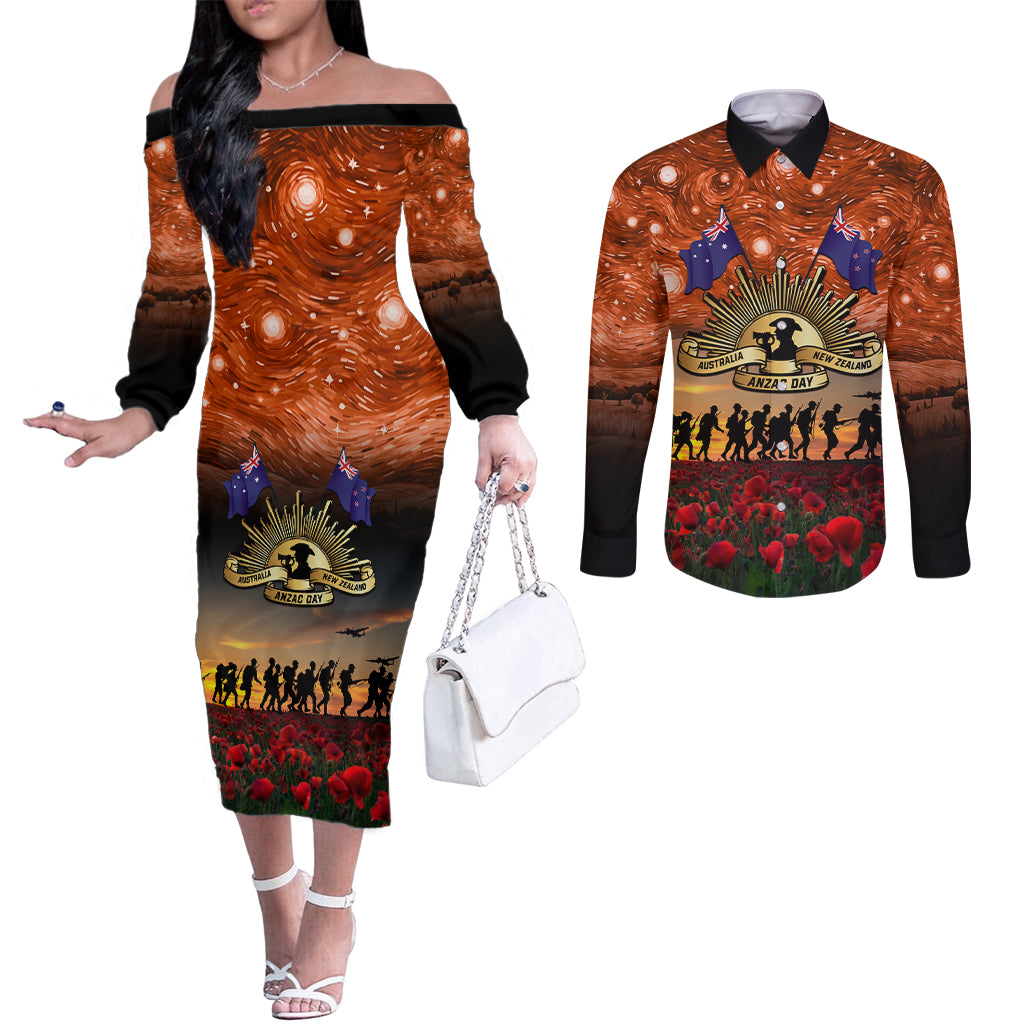 The Rising Sun Badge ANZAC Couples Matching Off The Shoulder Long Sleeve Dress and Long Sleeve Button Shirt Last Post Field of Poppy Starry Night Style