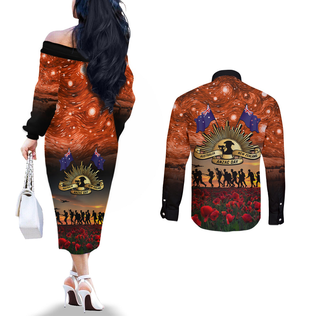 The Rising Sun Badge ANZAC Couples Matching Off The Shoulder Long Sleeve Dress and Long Sleeve Button Shirt Last Post Field of Poppy Starry Night Style