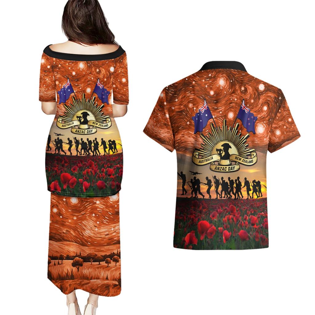 The Rising Sun Badge ANZAC Couples Matching Puletasi and Hawaiian Shirt Last Post Field of Poppy Starry Night Style