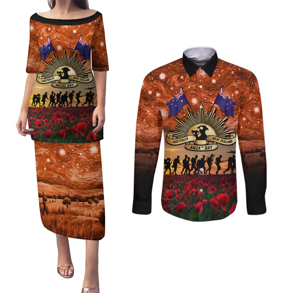 The Rising Sun Badge ANZAC Couples Matching Puletasi and Long Sleeve Button Shirt Last Post Field of Poppy Starry Night Style