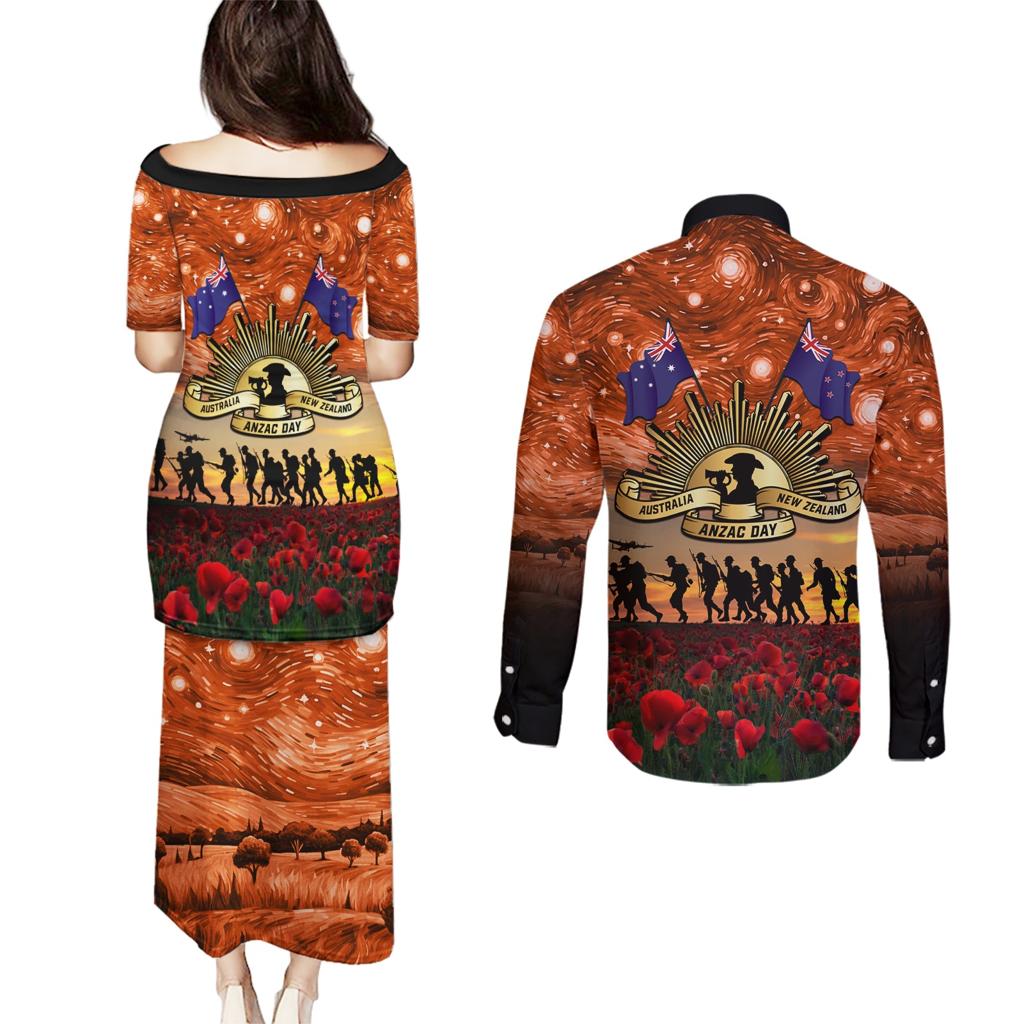 The Rising Sun Badge ANZAC Couples Matching Puletasi and Long Sleeve Button Shirt Last Post Field of Poppy Starry Night Style
