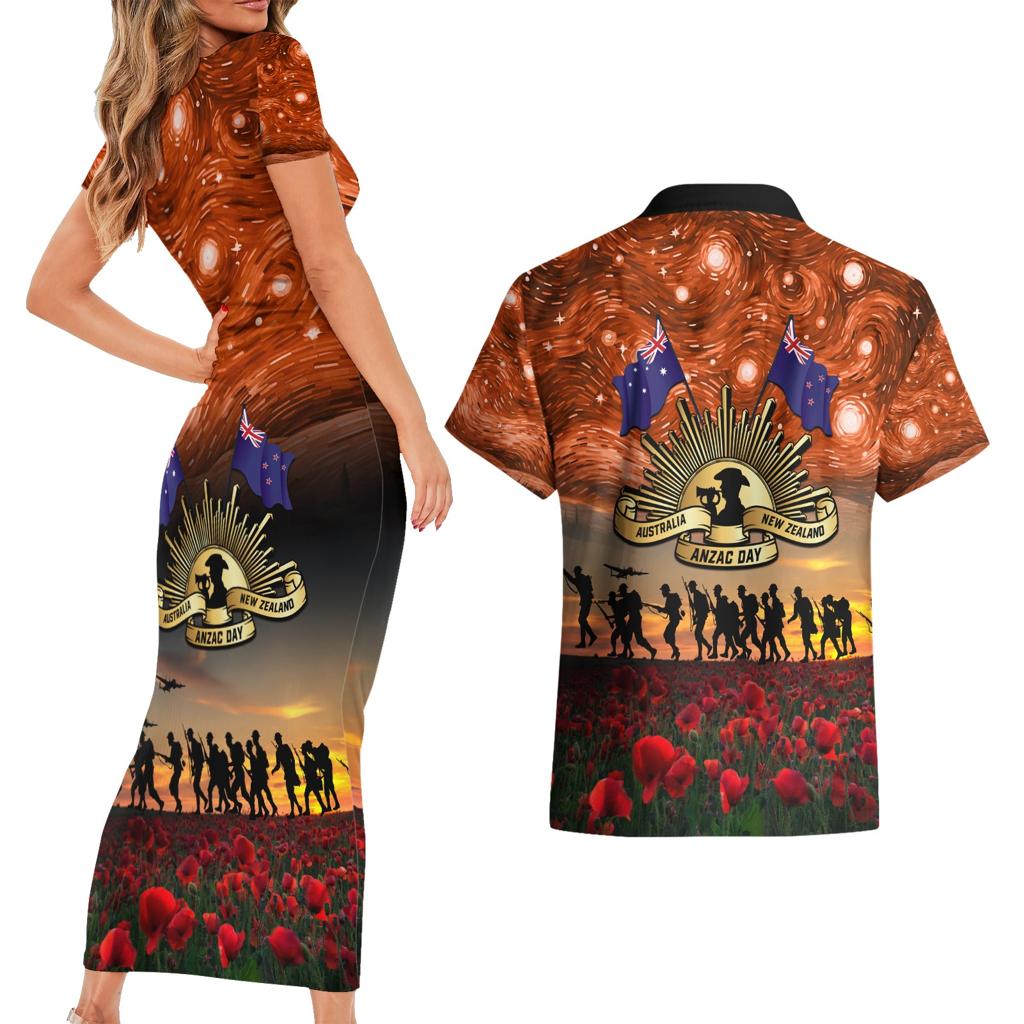 The Rising Sun Badge ANZAC Couples Matching Short Sleeve Bodycon Dress and Hawaiian Shirt Last Post Field of Poppy Starry Night Style