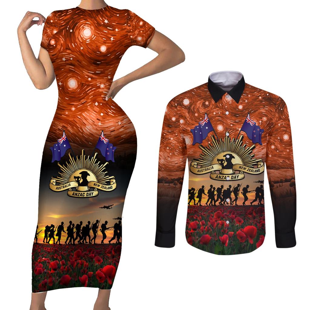 The Rising Sun Badge ANZAC Couples Matching Short Sleeve Bodycon Dress and Long Sleeve Button Shirt Last Post Field of Poppy Starry Night Style