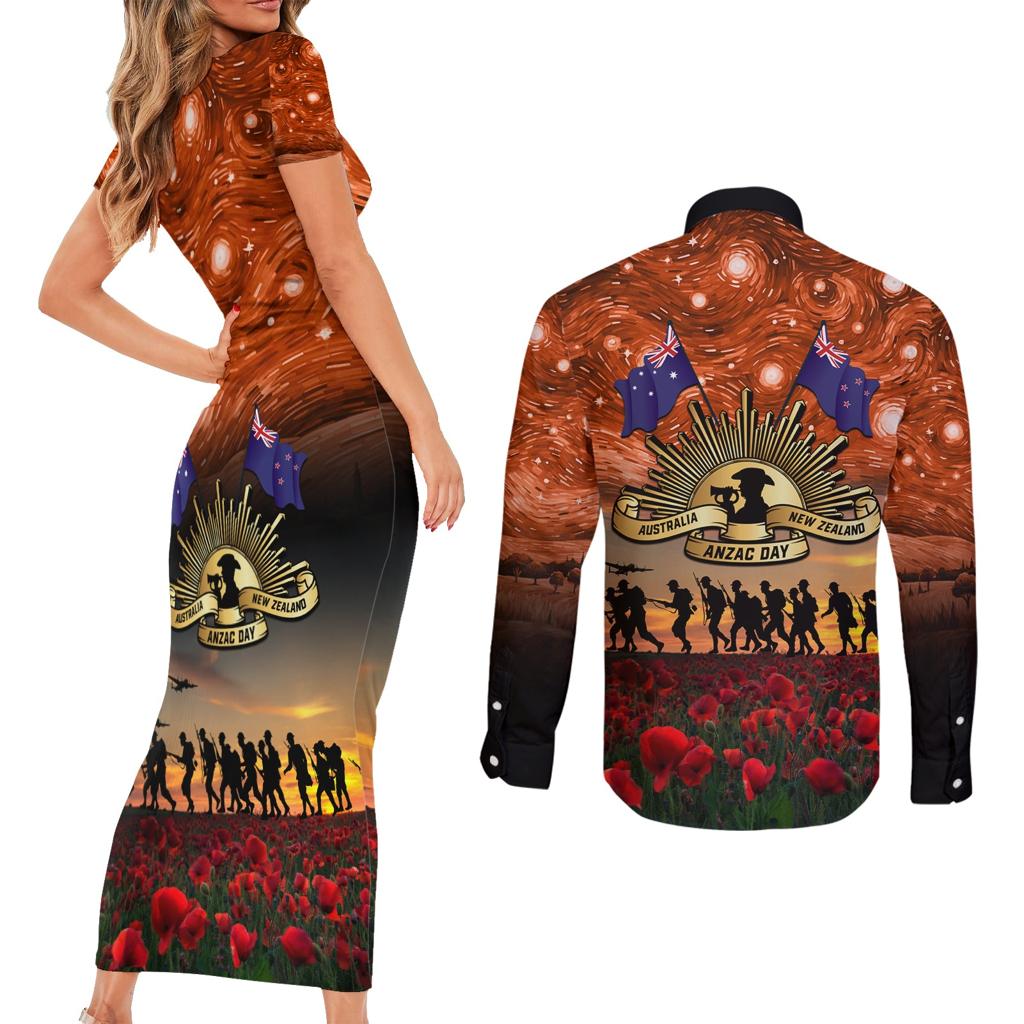 The Rising Sun Badge ANZAC Couples Matching Short Sleeve Bodycon Dress and Long Sleeve Button Shirt Last Post Field of Poppy Starry Night Style