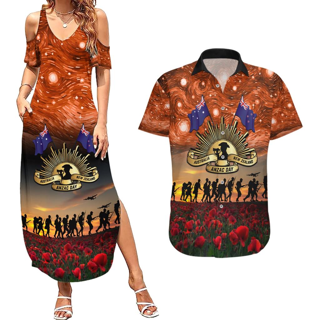 The Rising Sun Badge ANZAC Couples Matching Summer Maxi Dress and Hawaiian Shirt Last Post Field of Poppy Starry Night Style