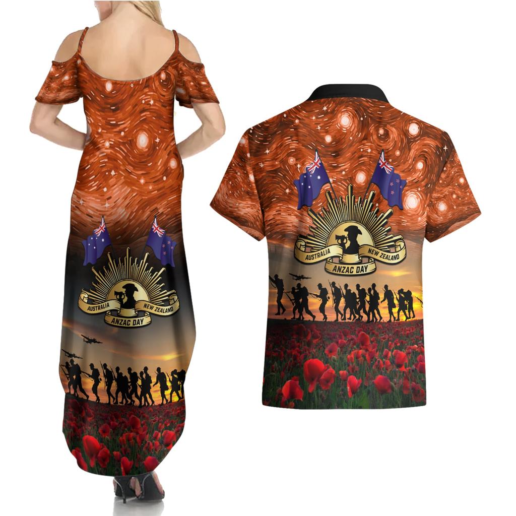 The Rising Sun Badge ANZAC Couples Matching Summer Maxi Dress and Hawaiian Shirt Last Post Field of Poppy Starry Night Style