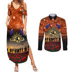 The Rising Sun Badge ANZAC Couples Matching Summer Maxi Dress and Long Sleeve Button Shirt Last Post Field of Poppy Starry Night Style