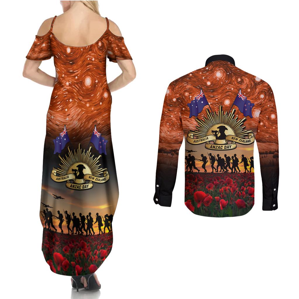 The Rising Sun Badge ANZAC Couples Matching Summer Maxi Dress and Long Sleeve Button Shirt Last Post Field of Poppy Starry Night Style
