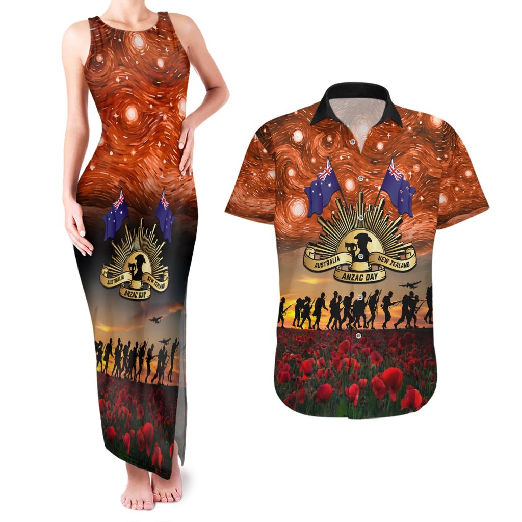 The Rising Sun Badge ANZAC Couples Matching Tank Maxi Dress and Hawaiian Shirt Last Post Field of Poppy Starry Night Style