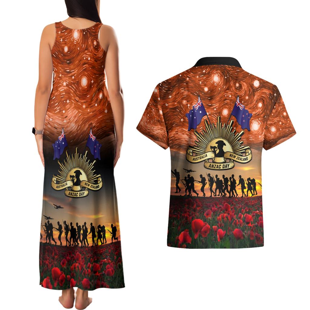 The Rising Sun Badge ANZAC Couples Matching Tank Maxi Dress and Hawaiian Shirt Last Post Field of Poppy Starry Night Style