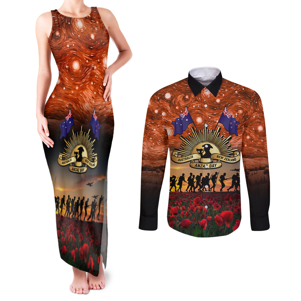 The Rising Sun Badge ANZAC Couples Matching Tank Maxi Dress and Long Sleeve Button Shirt Last Post Field of Poppy Starry Night Style