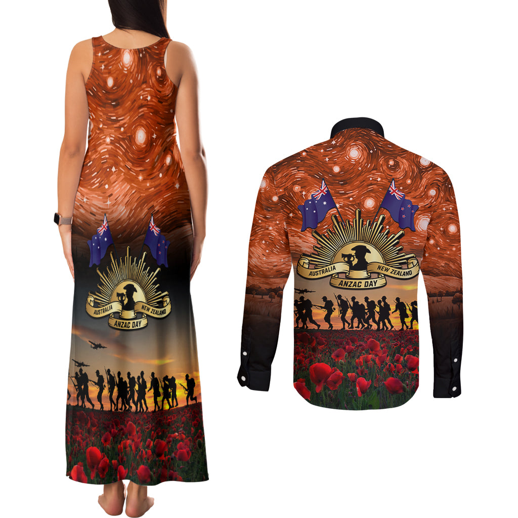 The Rising Sun Badge ANZAC Couples Matching Tank Maxi Dress and Long Sleeve Button Shirt Last Post Field of Poppy Starry Night Style