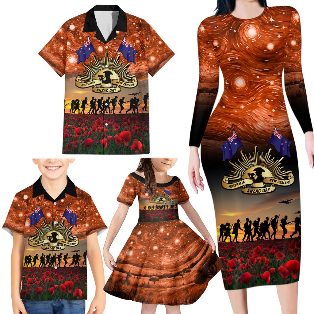 The Rising Sun Badge ANZAC Family Matching Long Sleeve Bodycon Dress and Hawaiian Shirt Last Post Field of Poppy Starry Night Style