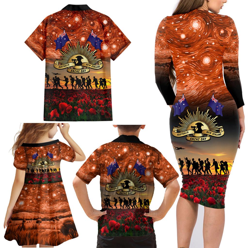 The Rising Sun Badge ANZAC Family Matching Long Sleeve Bodycon Dress and Hawaiian Shirt Last Post Field of Poppy Starry Night Style