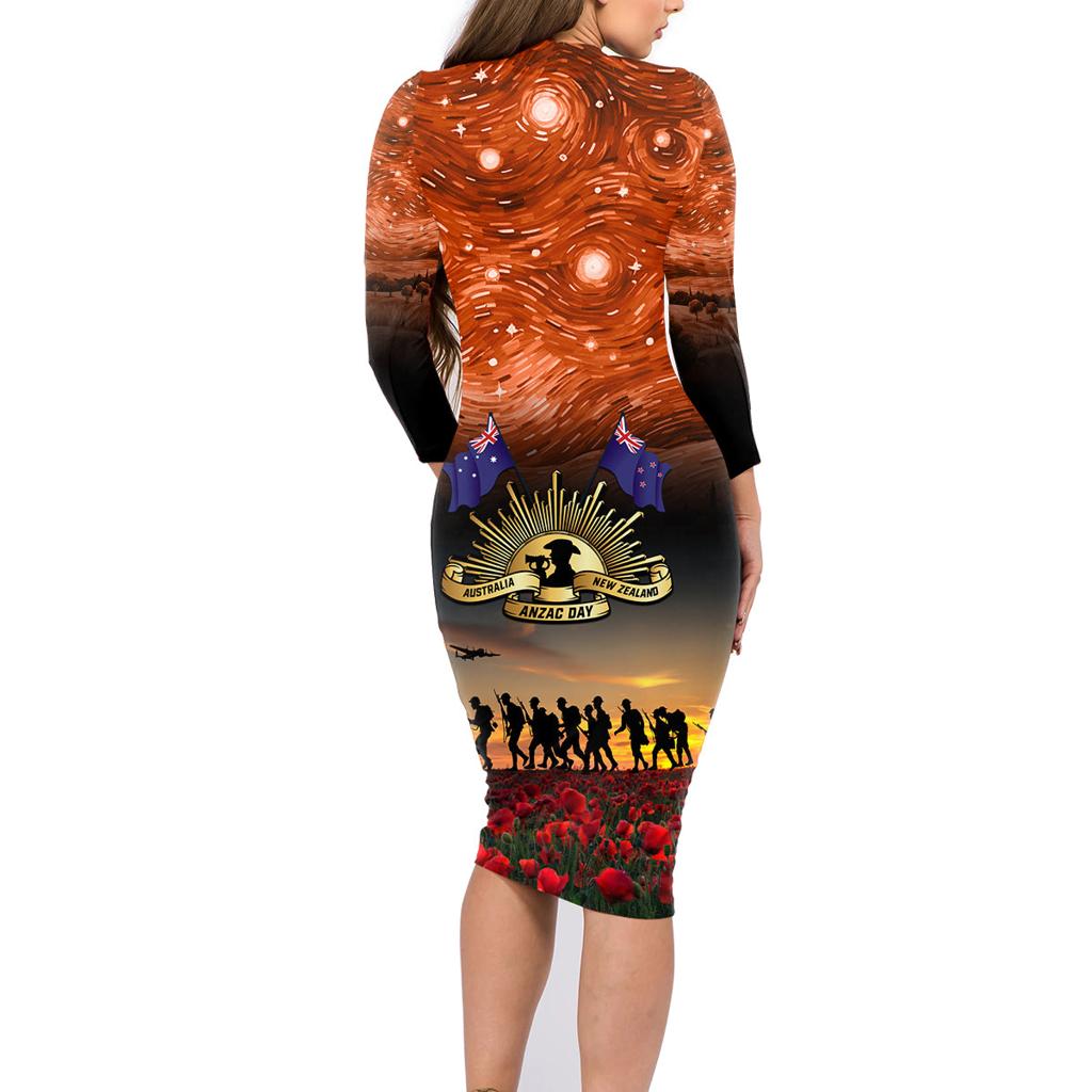 The Rising Sun Badge ANZAC Family Matching Long Sleeve Bodycon Dress and Hawaiian Shirt Last Post Field of Poppy Starry Night Style
