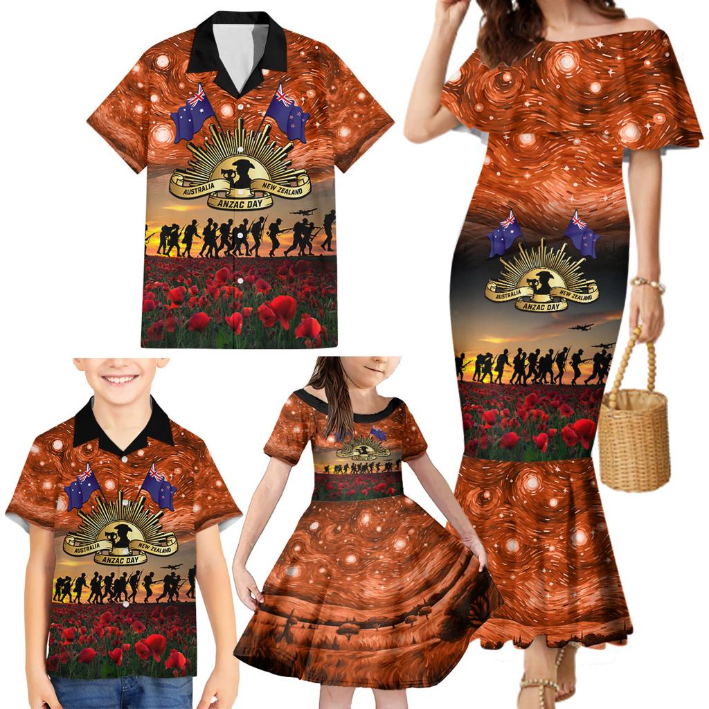The Rising Sun Badge ANZAC Family Matching Mermaid Dress and Hawaiian Shirt Last Post Field of Poppy Starry Night Style