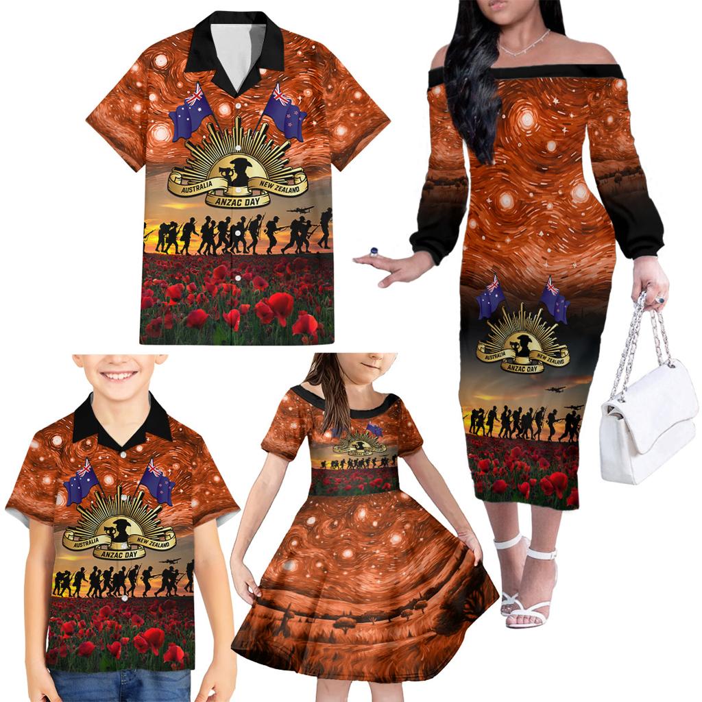 The Rising Sun Badge ANZAC Family Matching Off Shoulder Long Sleeve Dress and Hawaiian Shirt Last Post Field of Poppy Starry Night Style