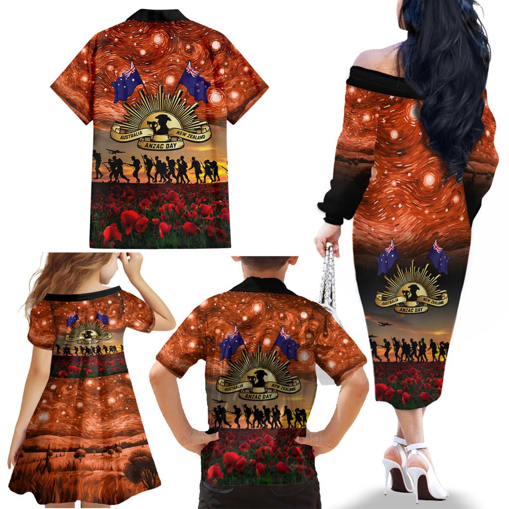 The Rising Sun Badge ANZAC Family Matching Off Shoulder Long Sleeve Dress and Hawaiian Shirt Last Post Field of Poppy Starry Night Style