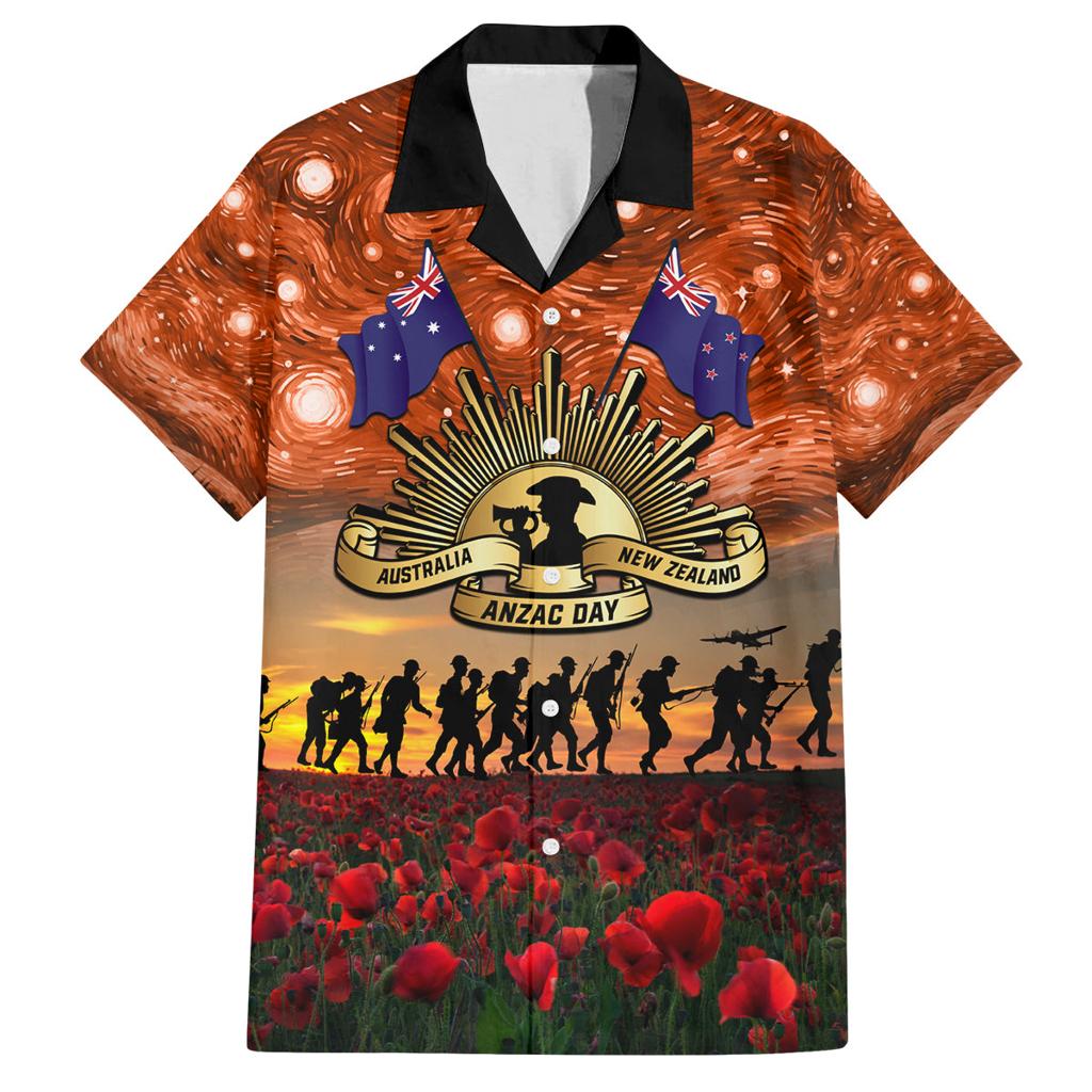 The Rising Sun Badge ANZAC Family Matching Off Shoulder Long Sleeve Dress and Hawaiian Shirt Last Post Field of Poppy Starry Night Style