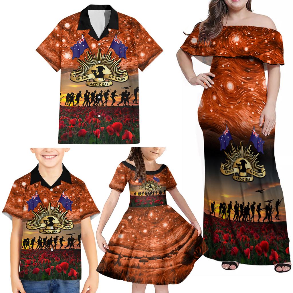 The Rising Sun Badge ANZAC Family Matching Off Shoulder Maxi Dress and Hawaiian Shirt Last Post Field of Poppy Starry Night Style