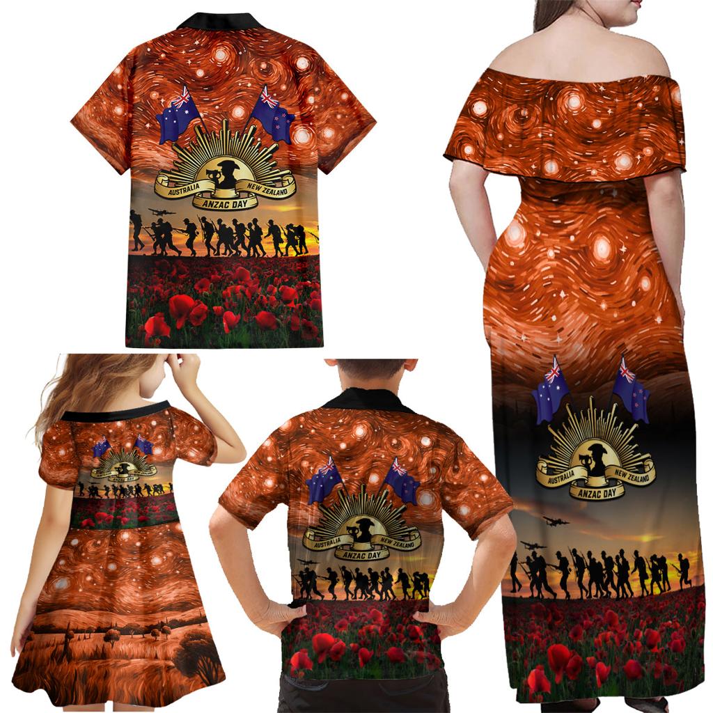 The Rising Sun Badge ANZAC Family Matching Off Shoulder Maxi Dress and Hawaiian Shirt Last Post Field of Poppy Starry Night Style