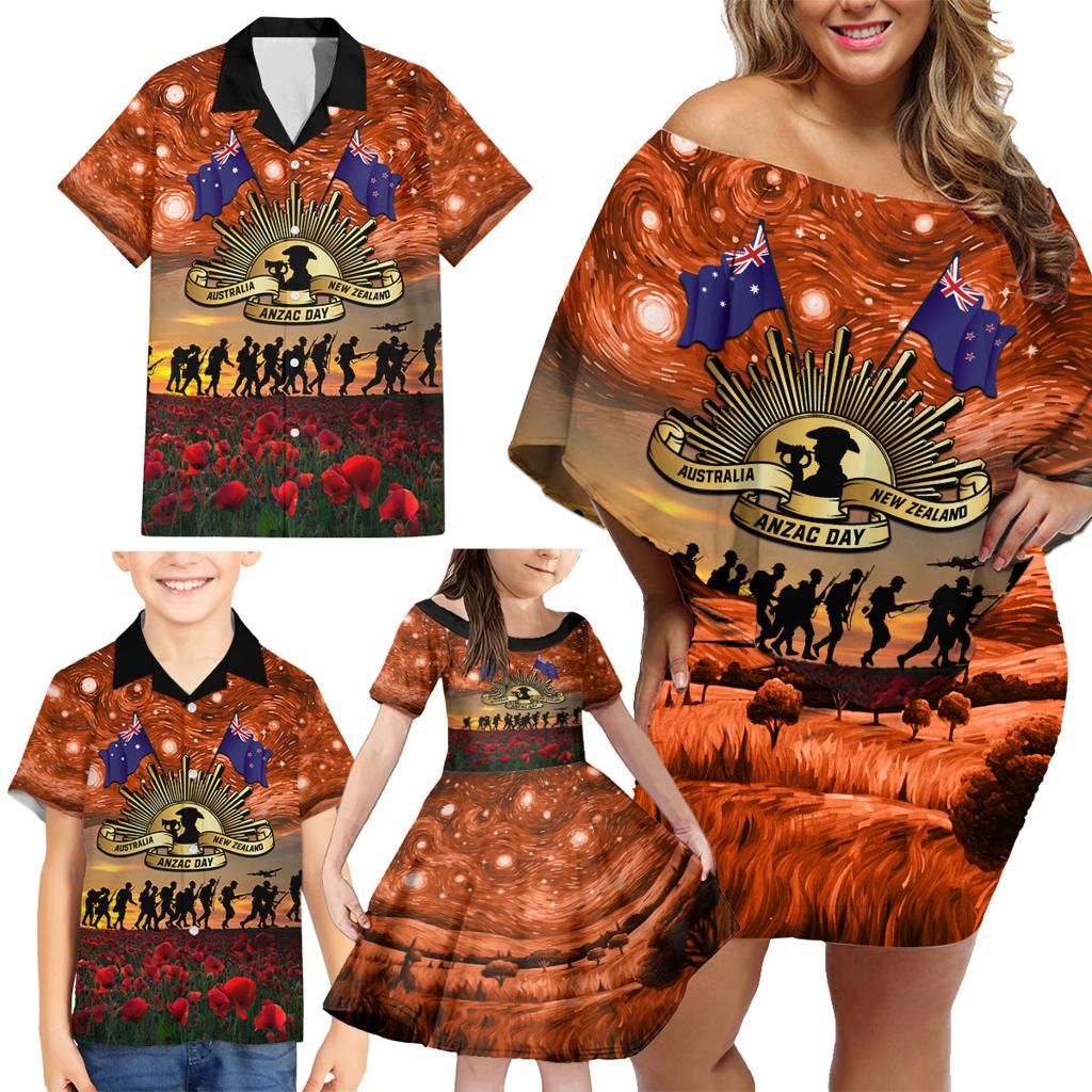 The Rising Sun Badge ANZAC Family Matching Off Shoulder Short Dress and Hawaiian Shirt Last Post Field of Poppy Starry Night Style