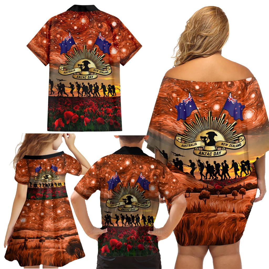 The Rising Sun Badge ANZAC Family Matching Off Shoulder Short Dress and Hawaiian Shirt Last Post Field of Poppy Starry Night Style