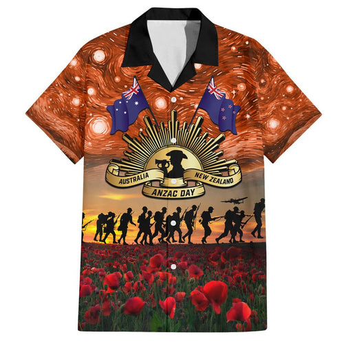 The Rising Sun Badge ANZAC Family Matching Off Shoulder Short Dress and Hawaiian Shirt Last Post Field of Poppy Starry Night Style