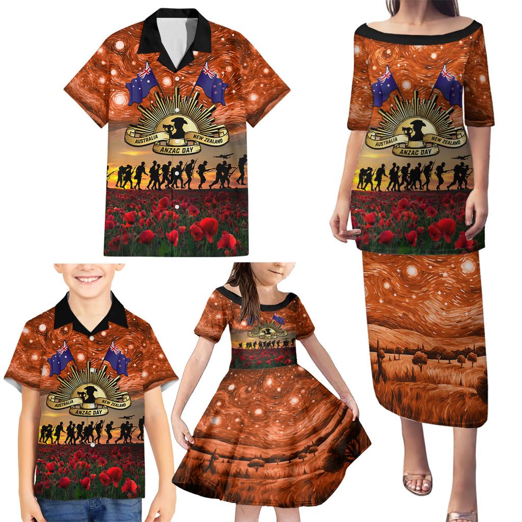 The Rising Sun Badge ANZAC Family Matching Puletasi and Hawaiian Shirt Last Post Field of Poppy Starry Night Style