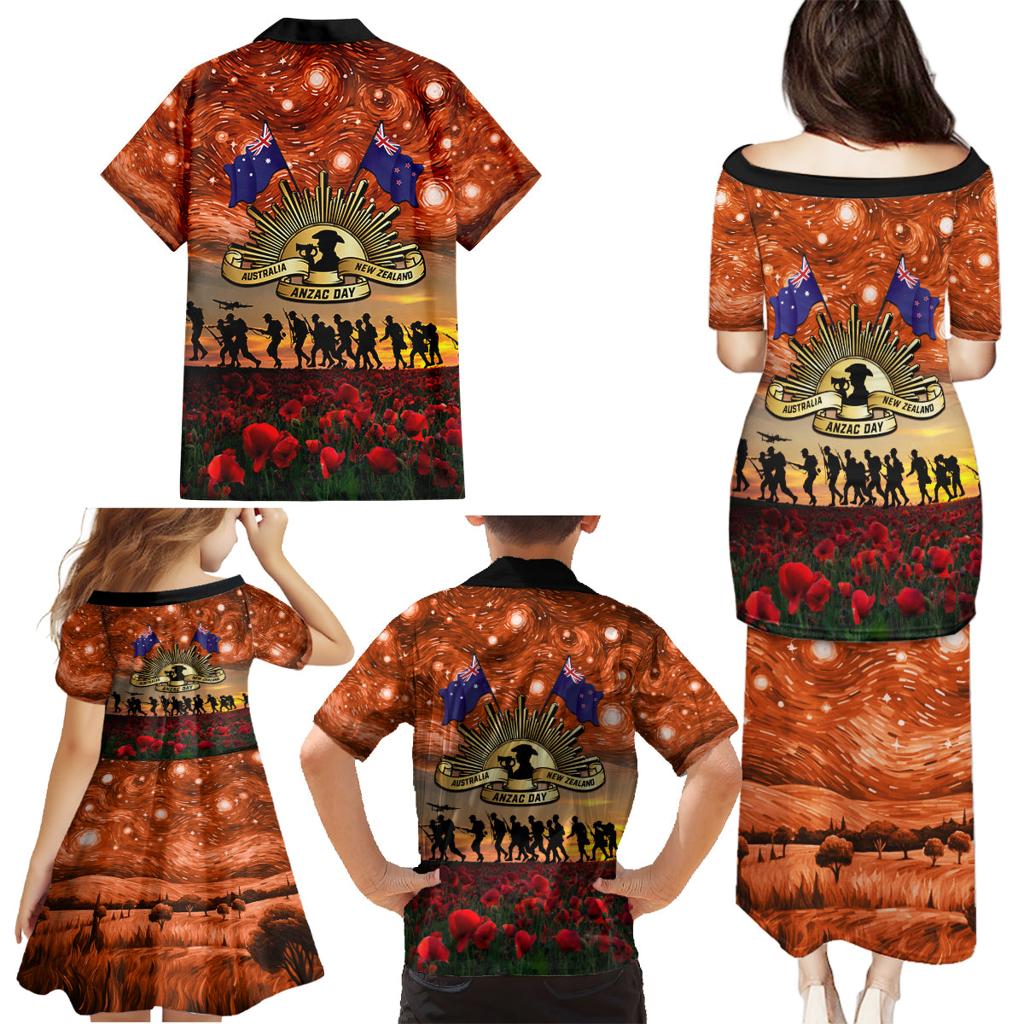 The Rising Sun Badge ANZAC Family Matching Puletasi and Hawaiian Shirt Last Post Field of Poppy Starry Night Style