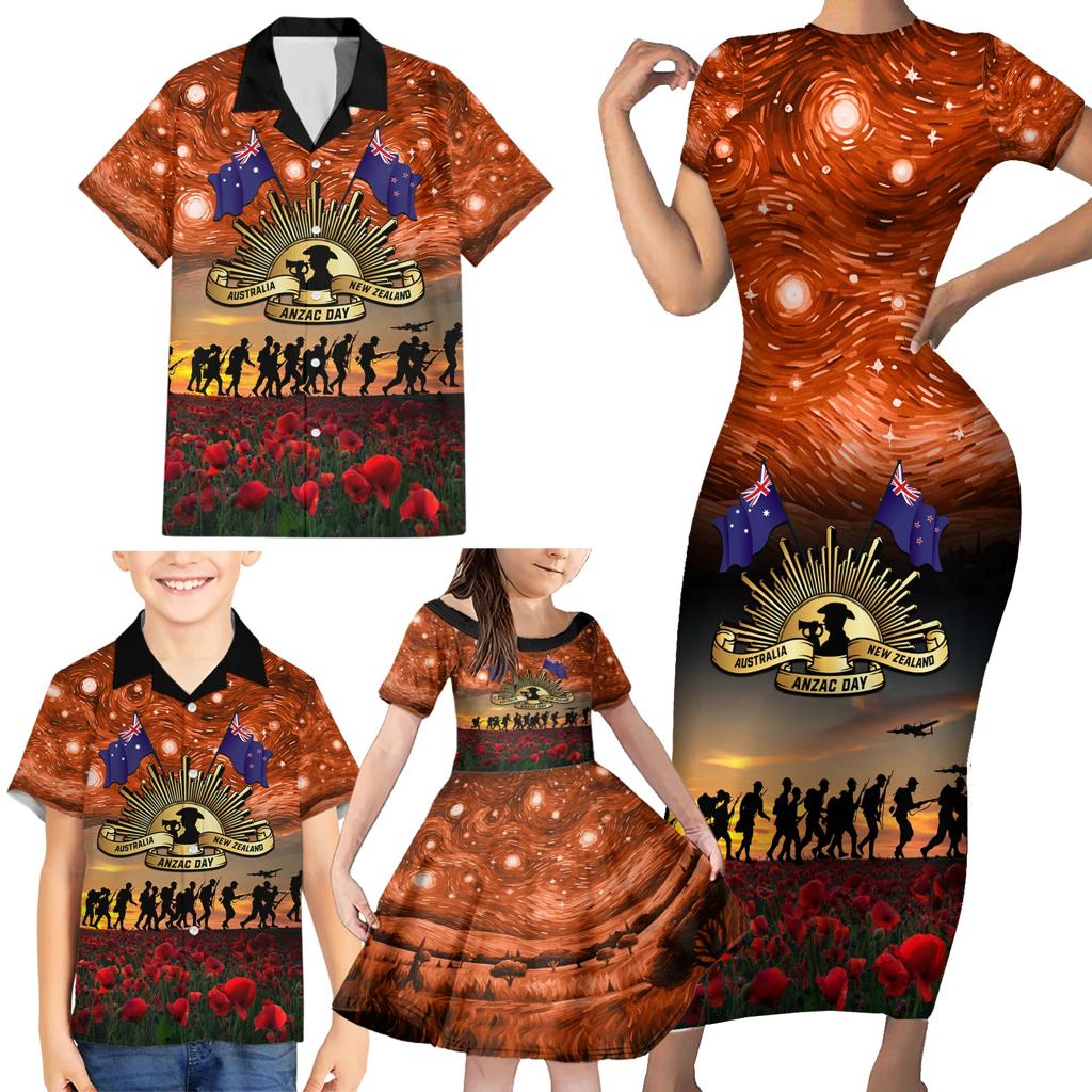 The Rising Sun Badge ANZAC Family Matching Short Sleeve Bodycon Dress and Hawaiian Shirt Last Post Field of Poppy Starry Night Style