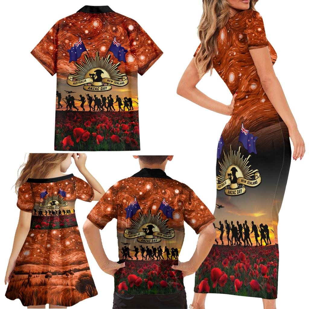 The Rising Sun Badge ANZAC Family Matching Short Sleeve Bodycon Dress and Hawaiian Shirt Last Post Field of Poppy Starry Night Style