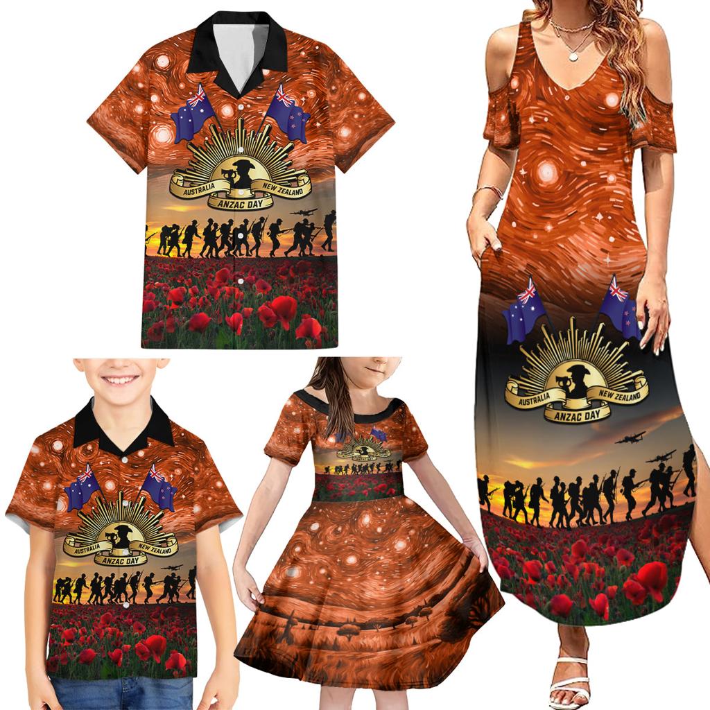 The Rising Sun Badge ANZAC Family Matching Summer Maxi Dress and Hawaiian Shirt Last Post Field of Poppy Starry Night Style