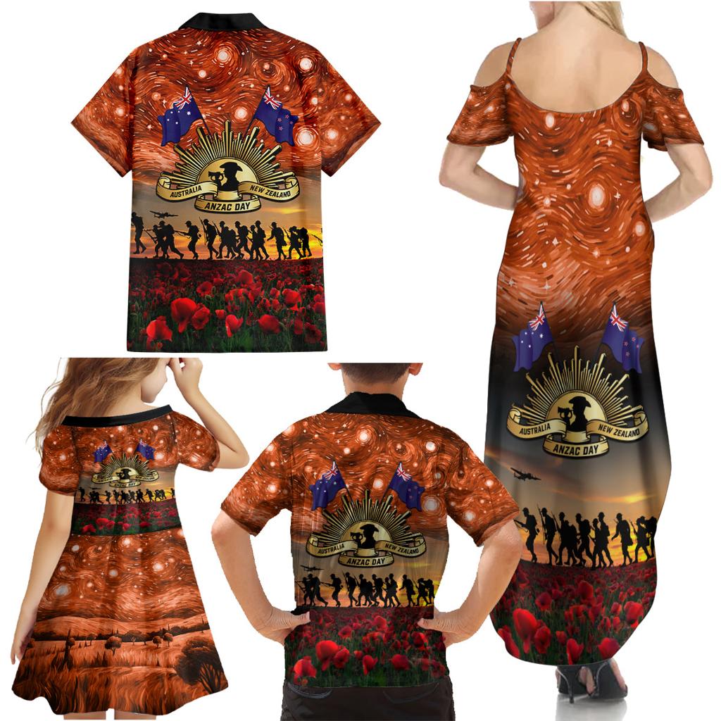 The Rising Sun Badge ANZAC Family Matching Summer Maxi Dress and Hawaiian Shirt Last Post Field of Poppy Starry Night Style