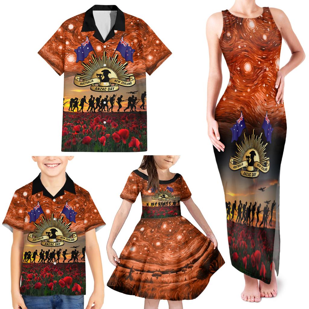 The Rising Sun Badge ANZAC Family Matching Tank Maxi Dress and Hawaiian Shirt Last Post Field of Poppy Starry Night Style