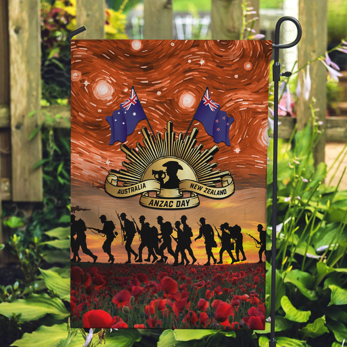 The Rising Sun Badge ANZAC Garden Flag Last Post Field of Poppy Starry Night Style