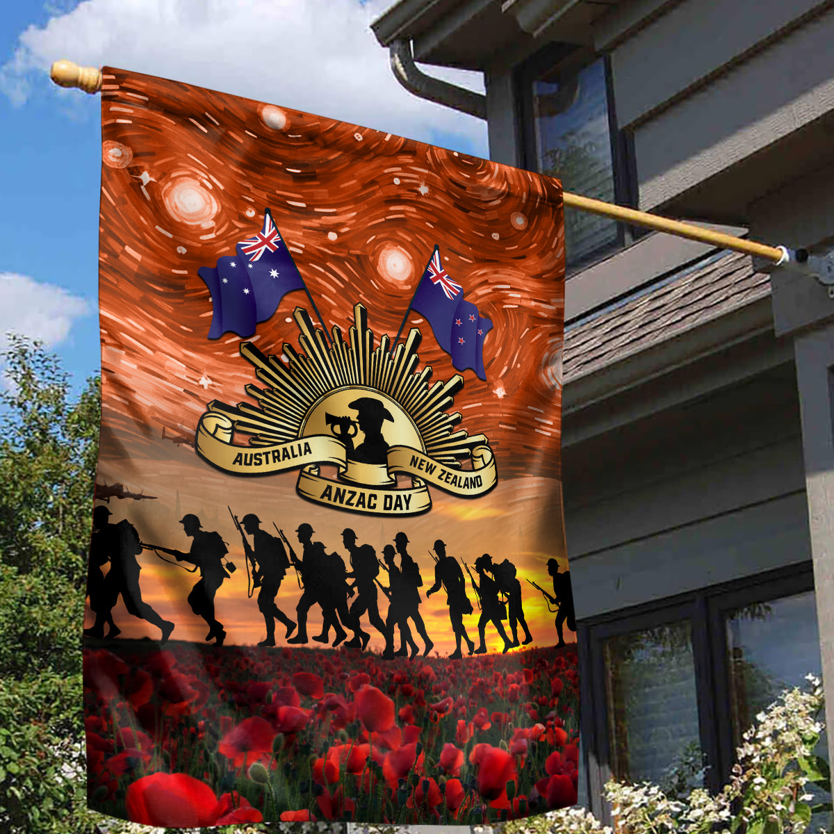 The Rising Sun Badge ANZAC Garden Flag Last Post Field of Poppy Starry Night Style