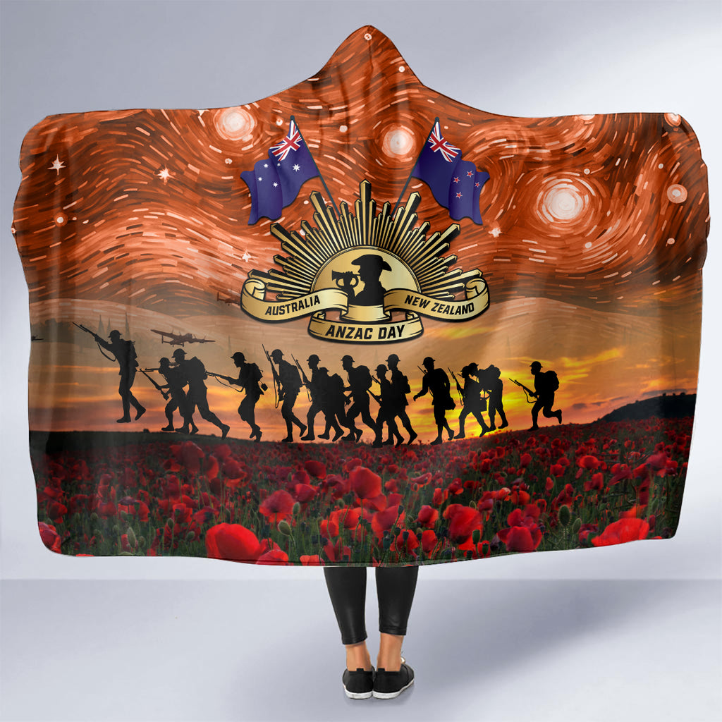 The Rising Sun Badge ANZAC Hooded Blanket Last Post Field of Poppy Starry Night Style