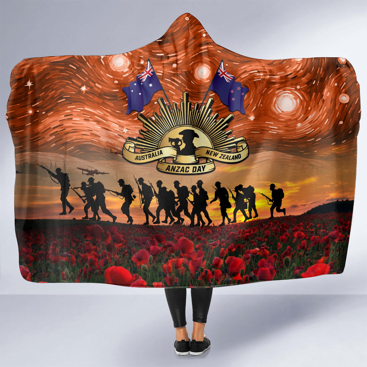 The Rising Sun Badge ANZAC Hooded Blanket Last Post Field of Poppy Starry Night Style