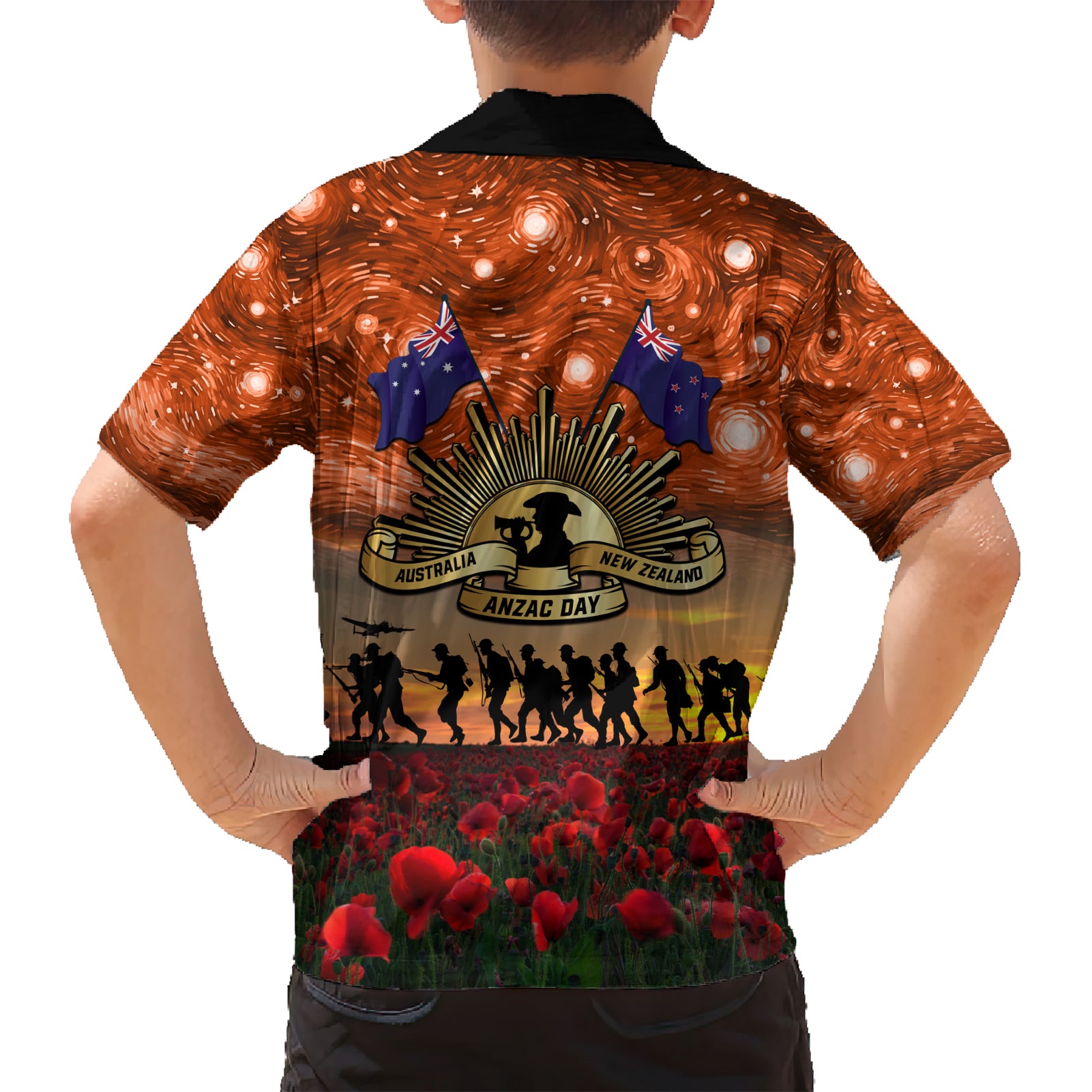 The Rising Sun Badge ANZAC Kid Hawaiian Shirt Last Post Field of Poppy Starry Night Style