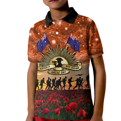 The Rising Sun Badge ANZAC Kid Polo Shirt Last Post Field of Poppy Starry Night Style
