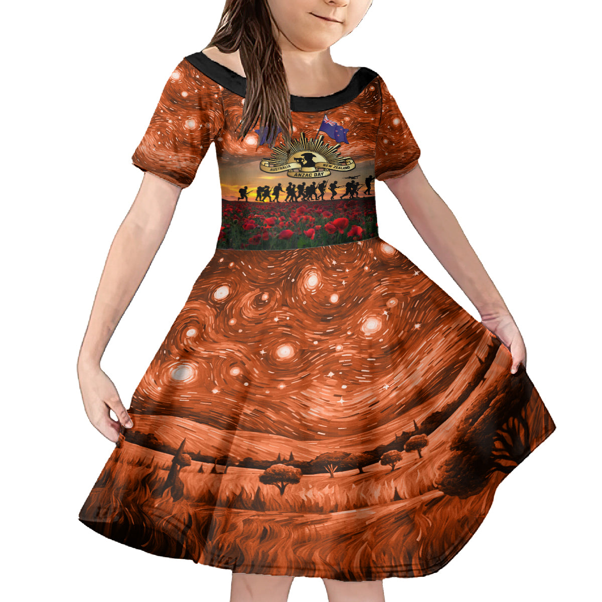The Rising Sun Badge ANZAC Kid Short Sleeve Dress Last Post Field of Poppy Starry Night Style