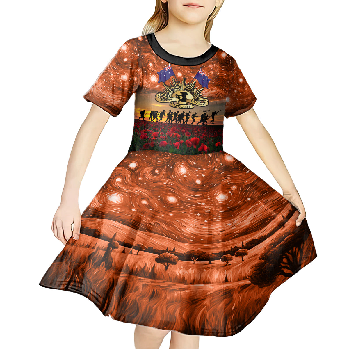 The Rising Sun Badge ANZAC Kid Short Sleeve Dress Last Post Field of Poppy Starry Night Style